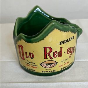 VINTAGE Old Red Eye Green and Yellow Ceramic Ashtray
